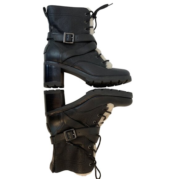 UGG Ingrid Biker Black Leather Sheep Skin Ankle Boots Lace Up Buckle Sz 7 9018 - Picture 6 of 9